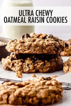 chocolate chip oatmeal raisin cookies stacked on top of each other with milk in the background