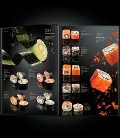 an open magazine with sushi on it