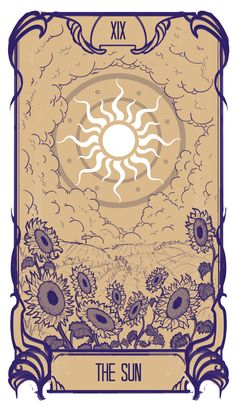 the sun tarot card with flowers and clouds