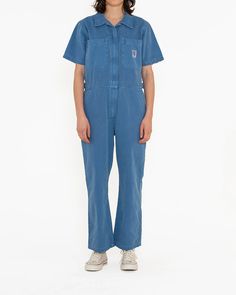 Winona Coverall - Overdyed Light Indigo - | Deus Ex Machina Spring Capsule, Deus Ex Machina, Long Parka, Ex Machina, Knit Hoodie, Back Patch, Womens Size Chart, Capsule Collection, Workout Jacket