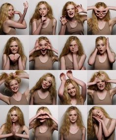 many different pictures of a blonde woman making various gestures with her hands and eyes open