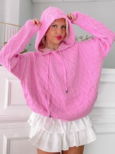 The Knotty or Nice Hoodie Sweater from Sassy Shortcake is an oversized, comfy, lilac pink pullover. She features, pockets, and a hoodie with drawstring making it extra cozy! Model is wearing a size small. fit: runs true to size (model wearing a size small) content: 100% acrylic. care: hand wash cold. Pink Fall Hoodie With Kangaroo Pocket, Hooded Sweater With Drawstring For Loungewear, Spring Hooded Sweater With Drawstring Hood, Spring Cozy Hoodie With Drawstring Hood, Cozy Spring Hoodie With Drawstring Hood, Casual Pink Sweater With Drawstring Hood, Comfy Drawstring Sweatshirt For Winter, Casual Pink Sweatshirt With Drawstring, Pink Winter Hoodie Sweater