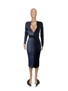 Sexy Plaid Print Deep V Neck Long Sleeve Slim One-piece Dress Fitted V-neck Midi Dress For Going Out, Open Front Dress For Night Out In Fall, Black Fitted Dress With Open Front, Fitted Open Front Dress For Date Night, Fitted Open Front Dress For Night Out, Fitted Dress With Open Front For Night Out, Fitted V-neck Midi Dress For Club, Fitted Plaid V-neck Dress, Elegant Plaid V-neck Dress