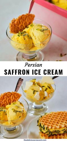 two different views of waffles and ice cream in glass bowls with text overlay that reads persian saffron ice cream