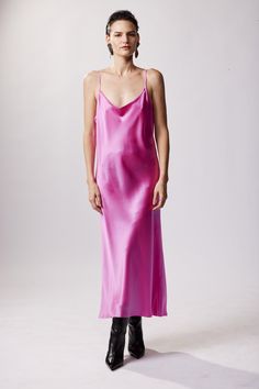 Our classic slip dress; simple, glamorous, and versatile. Lightweight silk hugs your curves then drapes down effortlessly in a fluid column shape, creating a flattering silhouette; 100% Silk Charmeuse gives the garment a lustrous appearance and deliciously weightless feel. Pair with a blazer and heels or an over-sized sweater with an over-the-knee boot. Pink Slip Dress, Slip Dress Outfit, Satin Slip, Lifestyle Shop, Confident Woman, Silk Charmeuse, Mid Dresses, Satin Slip Dress, Over The Knee