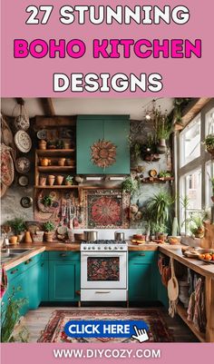 a kitchen with green cabinets and pink walls, the title says 27 stunning boho kitchen designs