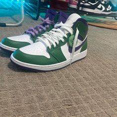 Brand New, Men’s 11.5 Hulk Jordan 1 Mid Jordan Green, Jordan Mid, Jordans For Men, Jordan 1 Mid, Jordan Shoes, Mens Shoes Sneakers, Hulk, Green And Purple, Jordan 1