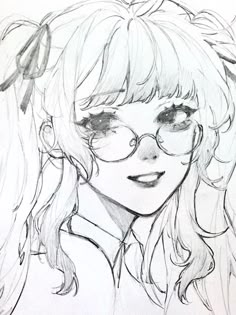 a pencil drawing of a girl with glasses and a bow in her hair, looking at the camera