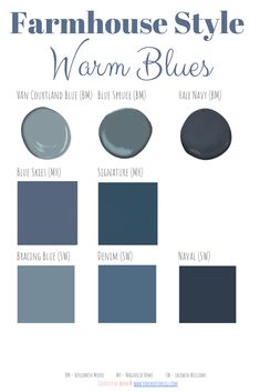 the color scheme for farmhouse style blue is shown in different shades and sizes, including dark gray