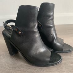 Genuine Leather Peep Toe Slingback Booties W Tonal Stitching, Stacked Heels & Silver-Toned Buckle Straps At Ankles. These Have Been Worn A Few Times But The Quality Is So High They Have Many, Many More Seats In Them! Heels Silver, Bone Shoes, Silver Heels, Stacked Heel, Rag & Bone, Bones, Bootie Boots, Ankle Boots, Black Leather