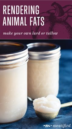 two jars filled with food sitting on top of a blue table cloth next to a spoon