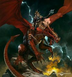 a red dragon with horns and spikes on its head is standing in front of a lightning filled sky