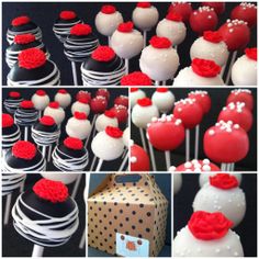 red and white cake pops with flowers on them are ready for the guests to eat