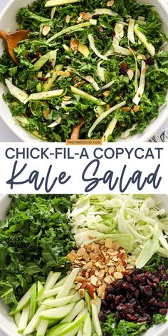 two bowls filled with different types of salads on top of each other and the words chick - fil - a copycat kale salad above them