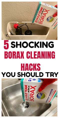 a sink with soap and toothpaste on it that says, 5 stocking borax cleaning hacks you should try