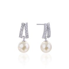 The upper part of the earrings is decorated with some sparkling stones. Below the sparkling rows, the timeless elegance of pearls takes center stage. Hanging delicately, the pearls bring a sense of sophistication and grace to the earrings.  Elevate your style with the enchanting beauty of small shining stones and the timeless allure of pearls.Weight: 10 gMaterial: 925 SilverStone Type: Jeulia® StonePlating Color: Silver Classic Pearl Chain Bridal Earrings For Anniversary, Classic Pearl Bridal Earrings For Evening, Classic Bridal Earrings With Pearl Chain For Anniversary, Classic Pearl Earrings With Cubic Zirconia For Party, Classic Cubic Zirconia Pearl Earrings For Party, Elegant Pearl Embellished Cubic Zirconia Earrings, Pearl White Cubic Zirconia Pearl Earrings For Evening, Elegant Pearl Earrings For Evening, Elegant Pearl White Earrings With Pearl Chain