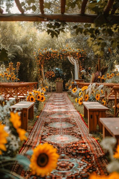 an outdoor ceremony with sunflowers and benches