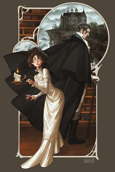 a painting of a man and woman dressed up as dracula and the girl is holding a lit candle in her hand