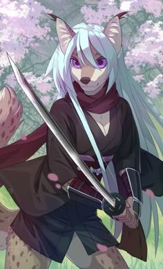 an anime character with white hair holding two swords in front of some trees and flowers