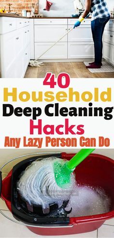 a woman is cleaning the kitchen with a green mop and bucket full of water