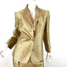 Beautiful Dana Buchman Black Label Gold Silk Suit From My Own Closet And Never Worn - Bought Retail Would Be Great As A Suit Or As Separate Pieces Jacket Is Size 12 And Skirt Is Size 10, See Measurements Because Bought In 2004 Tags Still On Skirt, Removed From Jacket To Hide From Dh Jacket Has Split Lapels, Fitted Skirt Has Back Short Vent Fabric Is 87% Silk, 7% Wool And 6% Acrylic Buttons Are Beautiful , Glittery Gold With Little Stones And Buttonholes Are Bound Fully Lined Perfect Condition, N Elegant Business Sets For Fall, Elegant Semi-formal Sets For Fall, Elegant Formal Fall Sets, Elegant Formal Sets For Fall, Fall Silk Sets For Workwear, Silk Sets For Workwear In Fall, Spring Silk Business Suits, Fitted Silk Sets For Work, Chic Formal Silk Set