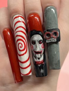 Jigsaw halloween nails 🪚📼🩸 Jig Saw Nails, Pinhead Nails, Jason Nails Halloween, Terrifier Nails, Halloween Movie Nails