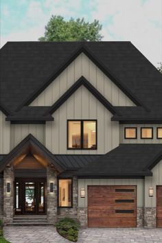 this is an artist's rendering of a two - story house with stone and wood accents