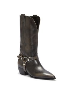 Moto meets Western in the Chelesa, a boot masterfully crafted in Italy. Styled with ring hardware and buckled straps, the calf-high, pull-on boot features a point toe and stacked leather heel. Now available in perfect-fit wide-calf sizing, its leather lining is breathable and pull tabs ensure easy on-off. Wear it with a pair of cropped cutoff jeans, a T-shirt and moto jacket for a tough-luxe look. Cutoff Jeans, Shoes Sandals Heels, Wide Calf Boots, Pull On Boots, Wide Calf, Espadrilles Wedges, Black Booties, Moto Jacket, Fashion Flats