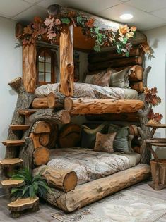 a bed made out of logs in a room