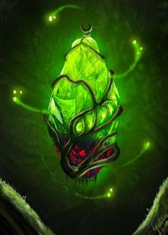 an artistic painting of a green object with lights on it's sides, in the middle of a dark background