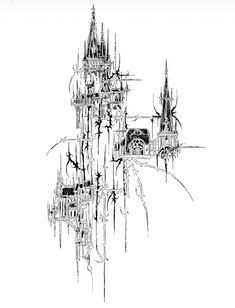 black and white drawing of a castle with many spires