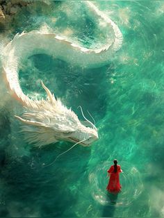 a woman in a red dress standing next to a white dragon swimming in the ocean