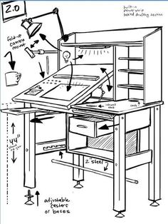 a drawing of an office desk with drawers and shelves on the top, labeled below