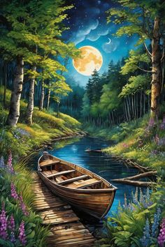 a painting of a boat on a river with the moon in the sky above it