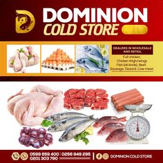 an ad for dominion cold store with meats, fish and other foods on display