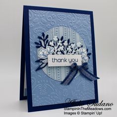 a thank you card made with stampin'in the meadow designer paper and embossing