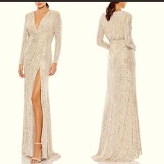 Mac Duggal Plunge Sequin Gown Size 12 New Without Tags. Retail For $500 Surplice V-Neckline Long Sleeve High Slit Fully Lined Center Back Zipper Closure Approx 62.5 “ Length From Shoulder To Hem. Color Silver. Sequin Gown, Mac Duggal, Sequin, Size 12, Mac, Womens Sizes, Maxi Dress, Womens Dresses, Zipper