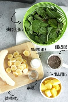 ingredients to make banana smoothie sitting on a counter next to a bowl of bananas