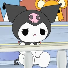 a cartoon character with black hair and an animal ears on it's head is standing in front of a window