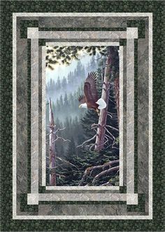 a painting of an eagle flying in the sky over a forest filled with tall trees