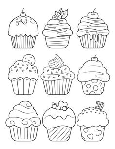 cupcakes with different toppings are shown in black and white, as well as the