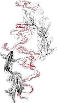 two koi fish swimming in the water with red and white swirls on it