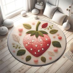 a round rug with a strawberry on it in the middle of a room next to a window