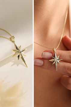 "Material: * 100% 14K(585) Real Gold (no gold-filled or no gold plated material) Gold Karat: 14k (585) Medium Star Width: 12 mm Medium Star Height: 15 mm Large Star Width: 16 mm Large Star Height: 20 mm Xlarge Star Width: 20 mm Xlarge Star Height: 25 mm 14k Solid Gold North Star Necklace, Polaris Pendant, Minimalist 3D Northern Star Charm Necklace, Star Celestial Guide Jewelry Neclace Gift for New Mother, BFF Gift, Mother Necklace This norther star necklace means, Luck, protection, direction, guidance and security. In the past sailors used the compass as symbol to protect them on their journey and ensure a safe return. The North Star has been used as a navigational guide since the beginning of time. Necklace Length: Available Between 14 - 24 Inches Necklace Length - 14 inches (choker) Neck Gold Star Necklace Aesthetic, North Star Necklace Gold, 14k Gold Filled Star-shaped Yellow Gold Jewelry, 14k Gold Filled Star-shaped Jewelry In Yellow Gold, 14k Gold Starburst Jewelry Gift, 14k Gold Starburst Jewelry As Gift, 14k Gold Starburst Jewelry For Gift, Celestial Star-shaped 14k Gold Jewelry, Star-shaped 14k Gold Filled Jewelry Gift