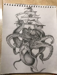 a pencil drawing of an octopus attacking a pirate ship with squid legs on it's back