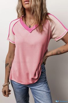 OrcaJump - Stylish V-Neck T-Shirt with Exposed Seam Detailing in Pink Color Block Knit Patchwork Sleeve, Waffle Knit, Cotton Style, Pink Color, Color Blocking, Color Block, V Neck T Shirt, Tops & Tees, Sleeve Length