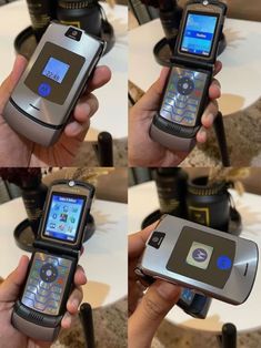 there are four pictures of an old cell phone being held by someone's hand