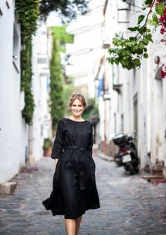 Linen dress Scarlett 3 Dress With Kimono, Linen Wrap Dress, Black Linen Dress, Calf Length Dress, Kimono Sleeves, Red And Teal, Dress With Belt, Linen Skirt, Linen Blouse