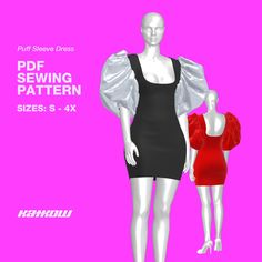 two female mannequins in dresses with the text, puff sleeve dress sewing pattern sizes s - 4x