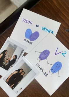 three pictures with the names of two people on them and one has a blue bird